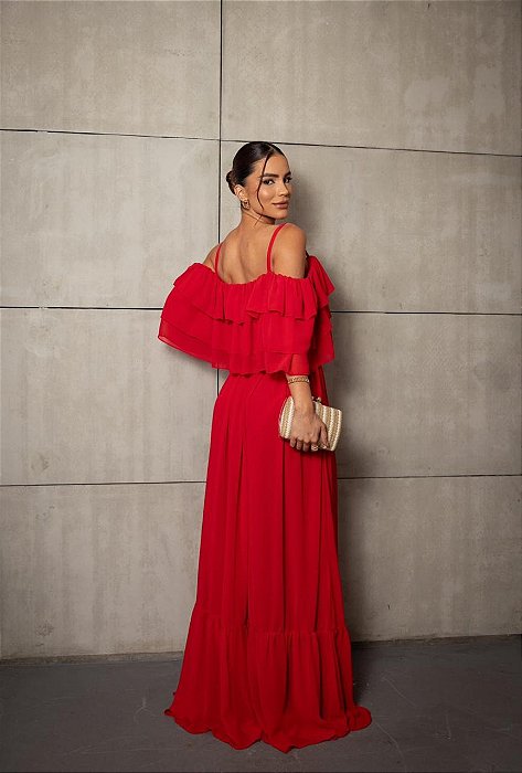 VESTIDO LONGO CHIFON BABADOS BUSTO MEIA MANGA E ALÇA FINA JML VERMELHO