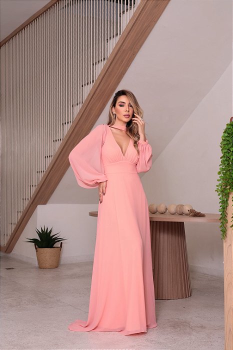 VESTIDO LONGO CHIFFON DECOTE V ALÇA LARGA COM CAPA BABADO SALMON