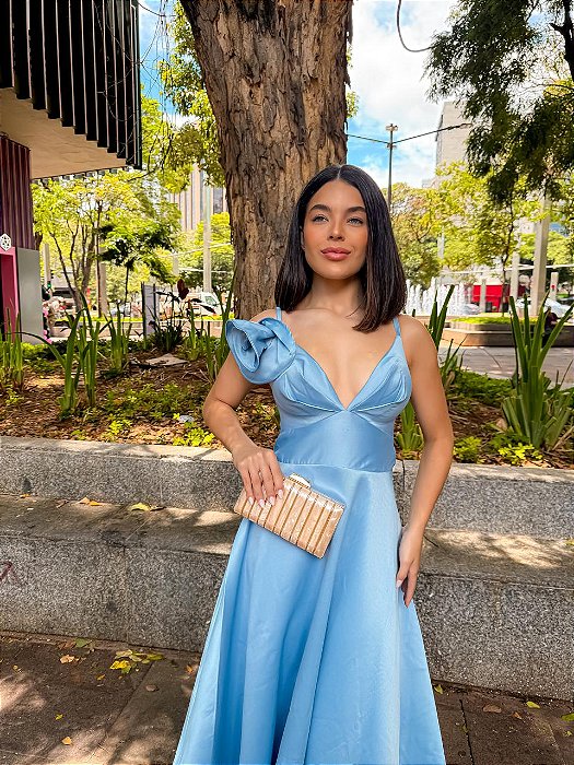 VESTIDO LONGO ZIBELINE DECOTE V ALCINHA COM FLOR REMOVÍVEL AZUL SERENITY