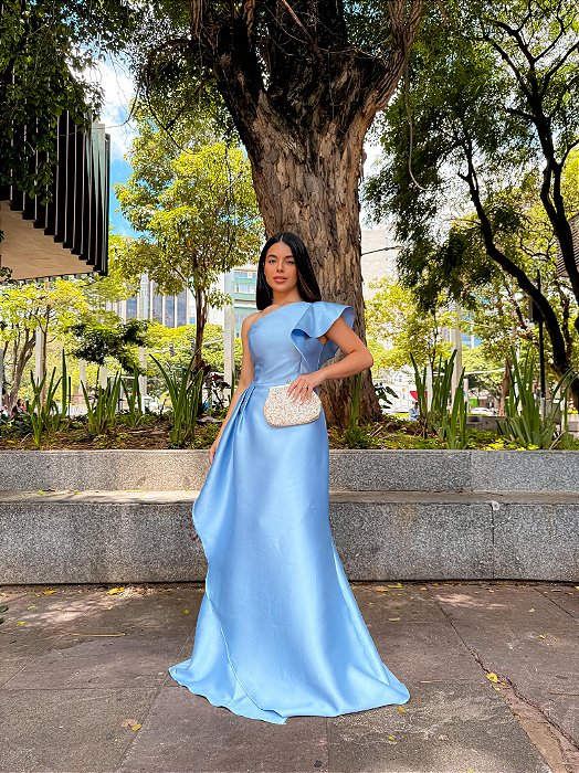 VESTIDO LONGO ZIBELINE UM OMBRO SÓ E FENDA COM BABADO AZUL SERENITY