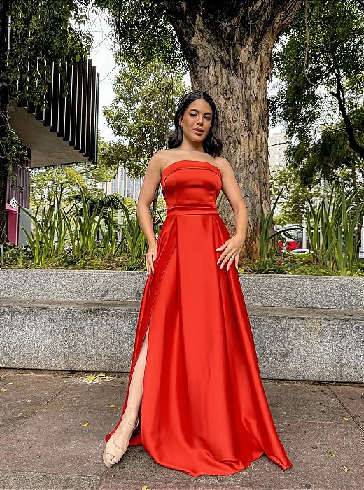 VESTIDO LONGO ZIBELINE TOMARA QUE CAIA FAIXA ACINTURADA E FENDA TERRA COTA