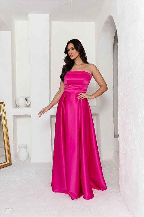 VESTIDO LONGO ZIBELINE TOMARA QUE CAIA FAIXA ACINTURADA E FENDA FUCSIA