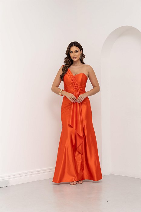 VESTIDO LONGO TRILOBAL UM OMBRO SÓ DETALHE CAMADA E BABADO LARANJA