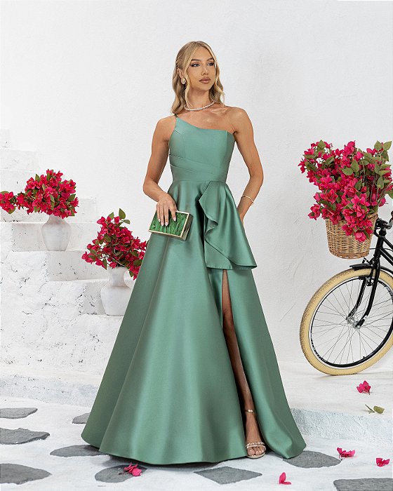 VESTIDO LONGO ZIBELINE UM OMBRO SÓ ALÇA FINA FAIXA DRAPEADA E BABADO NA CINTURA VERDE MENTA