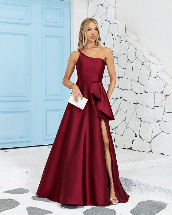 VESTIDO LONGO ZIBELINE UM OMBRO SÓ ALÇA FINA FAIXA DRAPEADA E BABADO NA CINTURA MARSALA