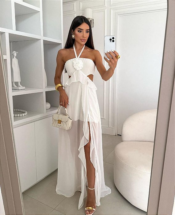 VESTIDO LONGO CHIFFON FRENTE ÚNICA AMARRAÇÃO DETALHE FLOR E BABADOS BRANCO