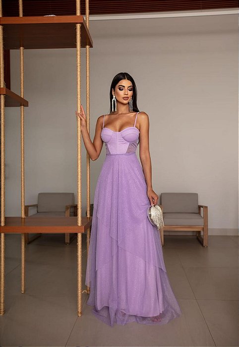 VESTIDO LONGO MICROTULE ESTILO CORPET DETALHE TRANCINHA CINTURA LILAS