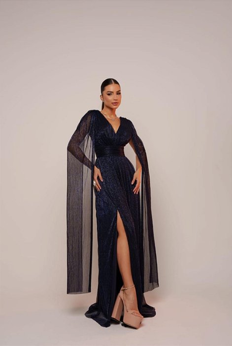 VESTIDO LONGO LUREX DECOTE V COM CAPA PALA CINTURA AZUL MARINHO