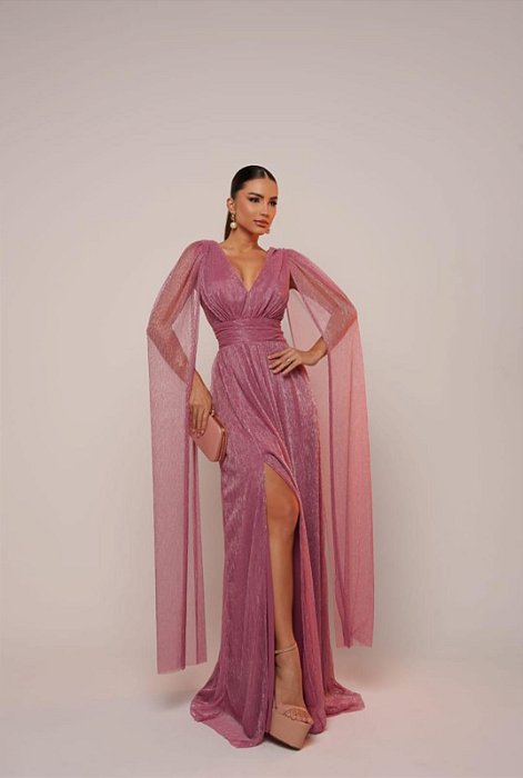 VESTIDO LONGO LUREX DECOTE V COM CAPA PALA CINTURA ROSÊ