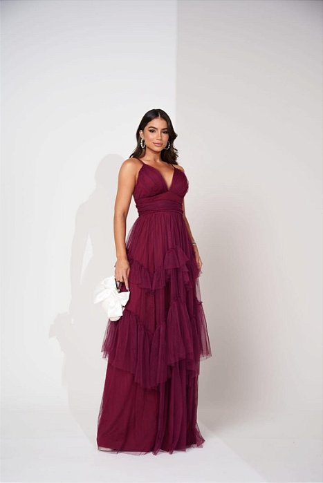 VESTIDO LONGO MICROTULE ALÇA FINA SAIA COM BABADO EM CAMADAS MARSALA