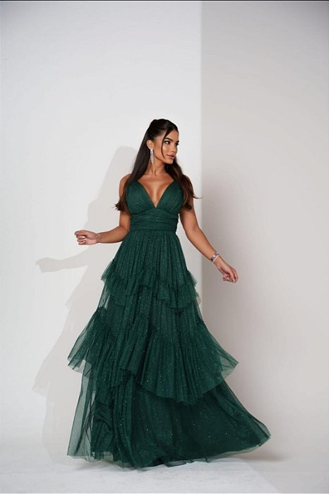 VESTIDO LONGO MICROTULE  COM BRILHO ALÇA FINA SAIA COM BABADO EM CAMADAS VERDE ESCURO