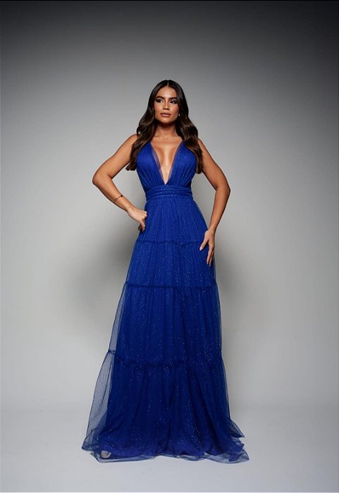 VESTIDO LONGO MICROTULE COM BRILHO PALA DRAPEADA CINTURA ALÇA FINA DECOTE V AZUL MARINHO