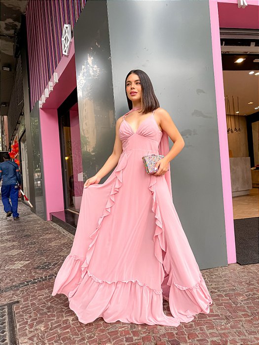 VESTIDO LONGO CHIFFON DECOTE V ALCINHA BABADO VERTICAL E FAIXA ROSE