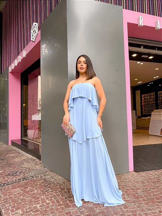VESTIDO LONGO CHIFFON TOMARA QUE CAIA E RECOTES LATERAIS BABADOS CAMADA AZUL SERENITY