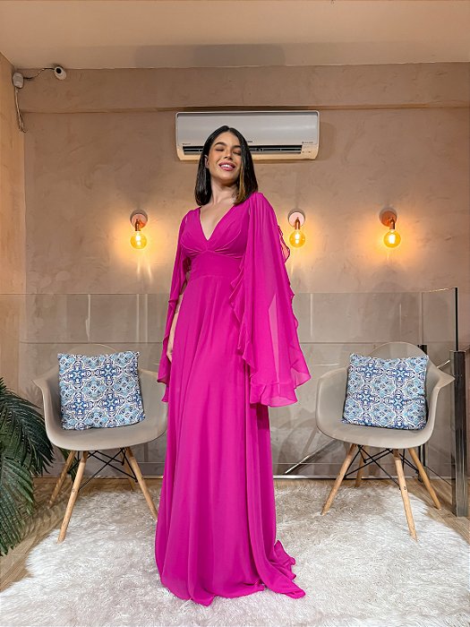VESTIDO LONGO CHIFFON DECOTE V MANGA REMOVIVEL BOTOES EL PINK