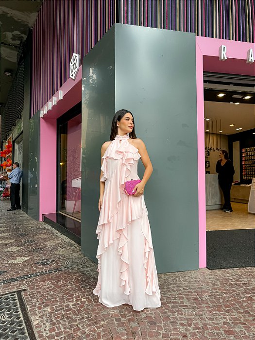 VESTIDO LONGO CHIFFON FRENTE ÚNICA TODO EM CAMADAS ROSÊ