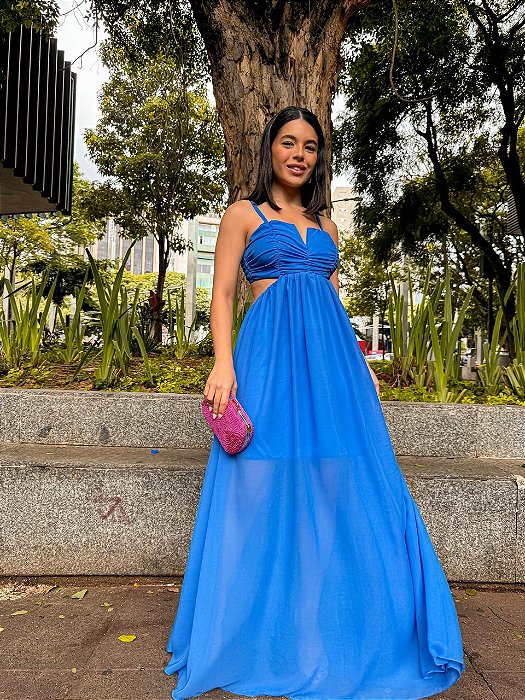 VESTIDO LONGO CHIFFON DECOTE DETALHE EM V ALCINHA CINTURA VAZADA AZUL CELESTE