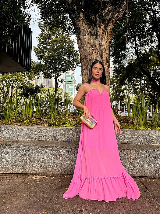 VESTIDO LONGO CHIFFON TOMARA QUE CAIA DETALHE EM V ROSA CHICLETE