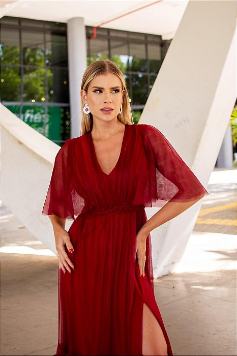 VESTIDO LONGO MICROTULE DETALHE TRANÇA CINTURA MANGUINHA  FENDA LATERAL MARSALA