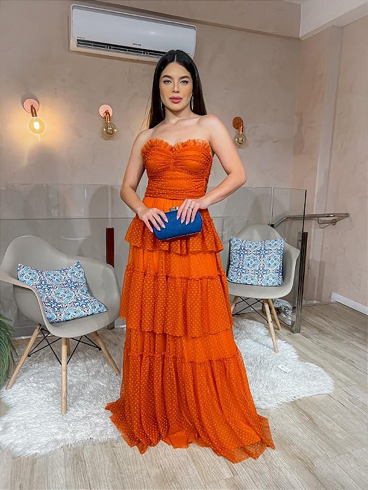 VESTIDO LONGO TOMARA CAIA MICROTULLE CAMADAS TRÊS MARIAS TERRA COTA PR
