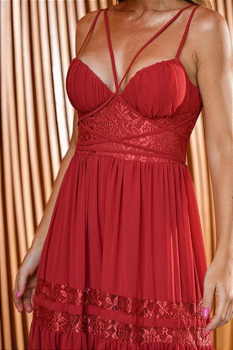 VESTIDO LONGO CHIFON CORPETE COM RENDA ALÇA FINA TERRA COTA PR