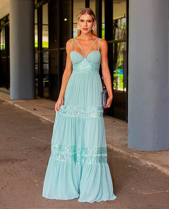 VESTIDO LONGO CHIFON CORPETE COM RENDA ALÇA FINA VERDE MENTA PR