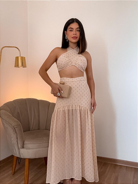 CONJUNTO CHIFFON TOP FRENTE UNICA AMARRAÇÃO DETALHES DE ARGOLA ESTAMPA DOURADO NUDE