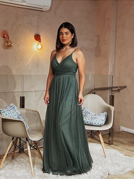 VESTIDO LONGO MICROTULE DE ALCINHA VERDE OLIVA
