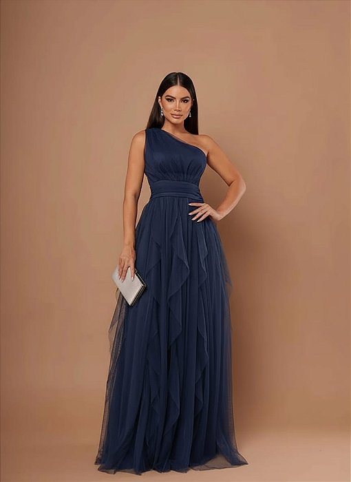 VESTIDO LONGO MICROTULE UM OMBRO SÓ PALA CINTURA SAIA EM CAMADAS VERTICAIS AZUL MARINHO