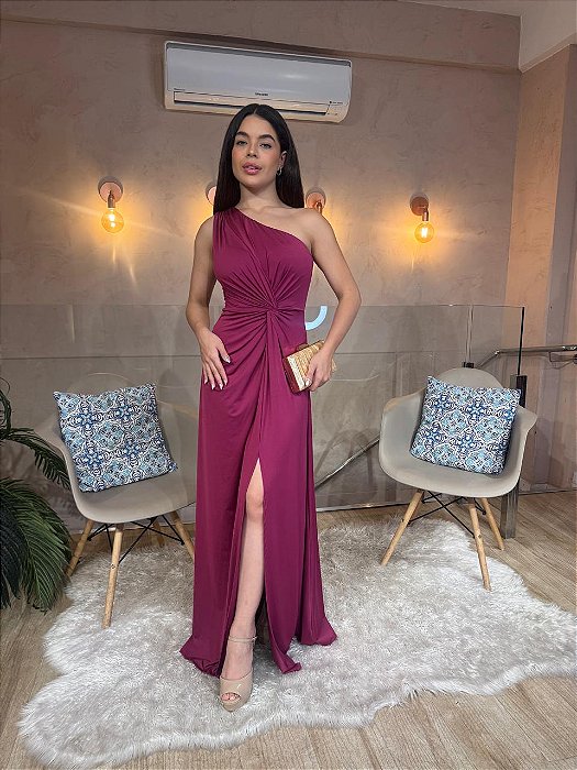 VESTIDO LONGO JERSEY UM OMBRO SÓ NO LATERAL FENDA  FUCSIA