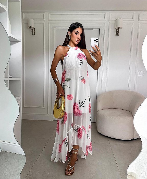 VESTIDO CHIFFON DE SEDA GOLA ALTA COM ESTAMPA NA COR BRANCA
