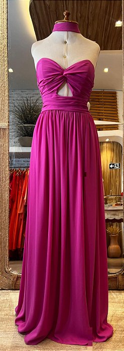 VESTIDO LONGO TOMARA CAIA CREPE DE SEDA DETALHE ABAIXO DO BUSTO SAIA FLUIDA PINK
