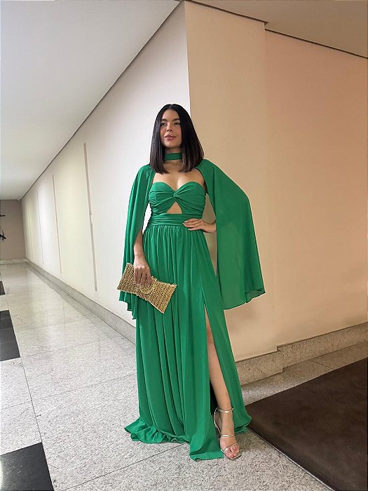 VESTIDO LONGO TOMARA CAIA CREPE DE SEDA DETALHE ABAIXO DO BUSTO SAIA FLUIDA VERDE BANDEIRA