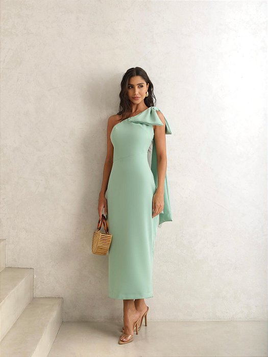 VESTIDO EM TECIDO LEVE UM OMBRO SÓ LAÇO NO OMBRO VERDE MENTA