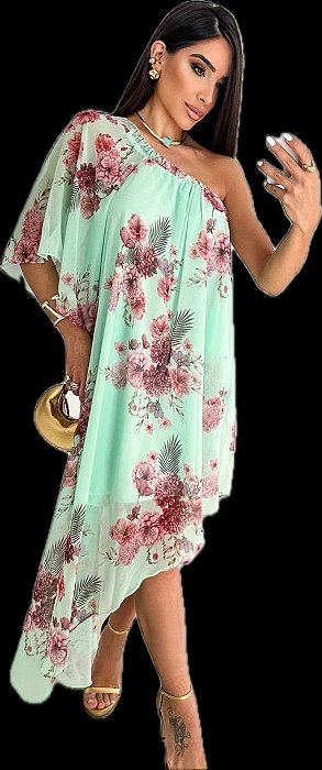 VESTIDO ASSIMÉTRICO  DE UM OMBRO SÓ  VERDE FLORAL