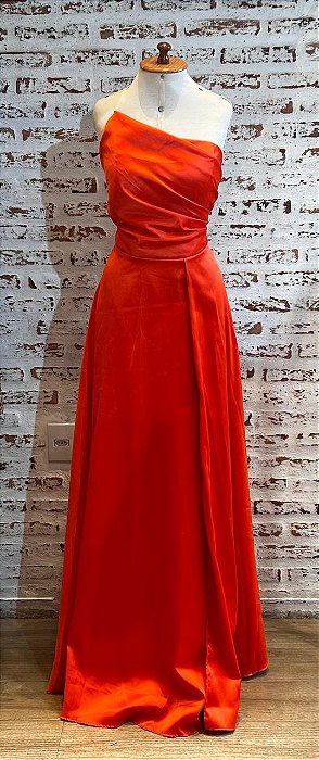 VESTIDO LONGO ZIBELINE TOMARA QUE CAIA DRAPEADO COM FENDA LARANJA