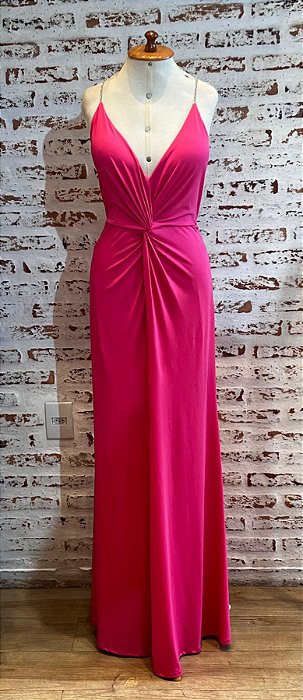 VESTIDO LONGO JERSEY ALÇA BRILHO NÓ FRONTAL PINK