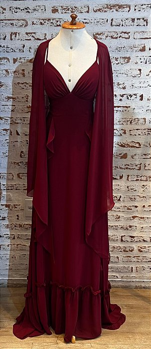 VESTIDO LONGO CHIFFON DECOTE V ALCINHA BABADO VERTICAL MARSALA