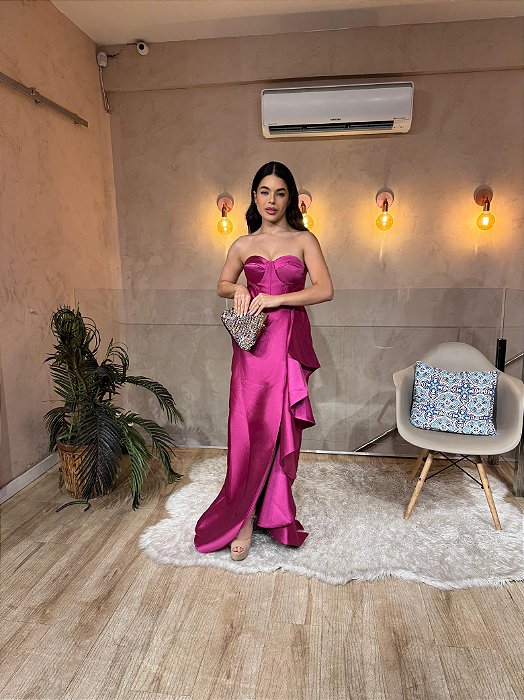 VESTIDO LONGO ZIBELINE CORSELET TOMARA QUE CAIA COM DETALHE NA SAIA ROSA
