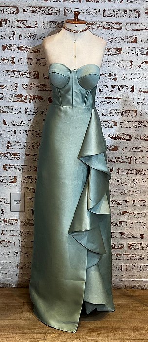 VESTIDO LONGO ZIBELINE CORSELET TOMARA QUE CAIA COM DETALHE NA SAIA VERDE OLIVA