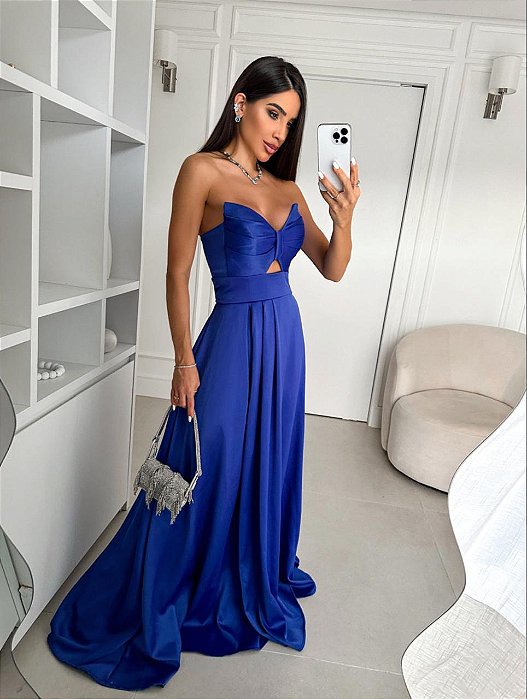 VESTIDO LONGO PRADA TOMARA QUE CAIA DRAPEADO E RECORTE NO BUSTO COM FENDA AZUL ROYAL