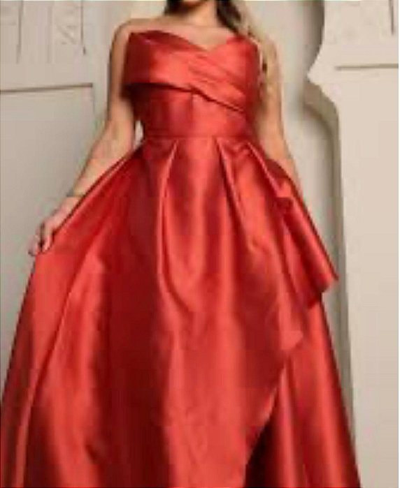 VESTIDO LONGO CREPE DE SEDA FRENTE UNICA  DETALHE NO BUSTO FENDA TERRA COTA