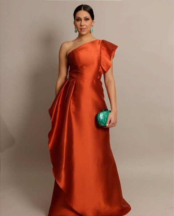 VESTIDO LONGO ZIBELINE UM OMBRO SÓ E FENDA COM BABADO TERRACOTA