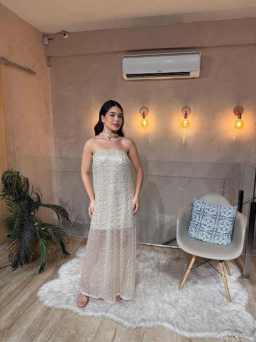 VESTIDO LONGO PAETE TOMARA QUE CAIA DOURADO