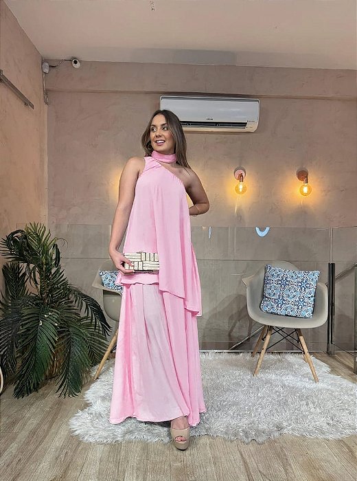 VESTIDO LONGO CHIFON COM TOQUE DE SEDA OMBRO SÓ COM DETALHE PESCOÇO CAM ROSE