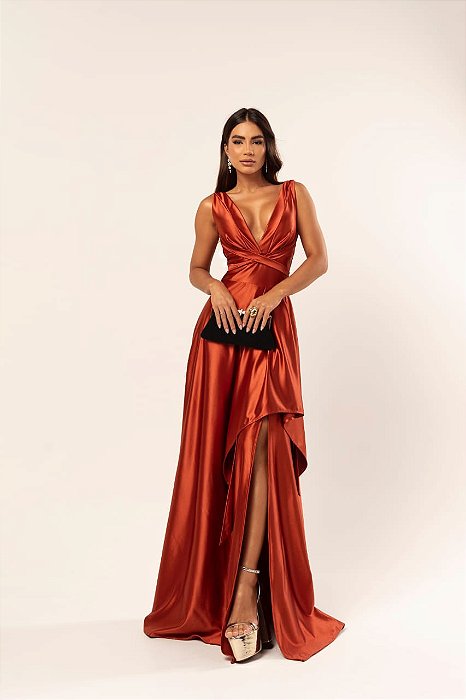 VESTIDO LONGO PRADA COM ELASTANO FRENTE UNICA FENDA LATERAL TERRA COTA