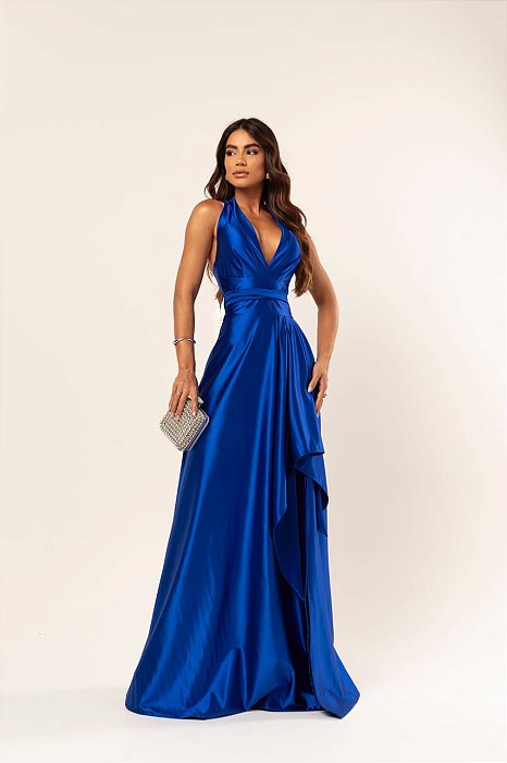 VESTIDO LONGO PRADA COM ELASTANO FRENTE UNICA FENDA LATERAL AZUL BIC