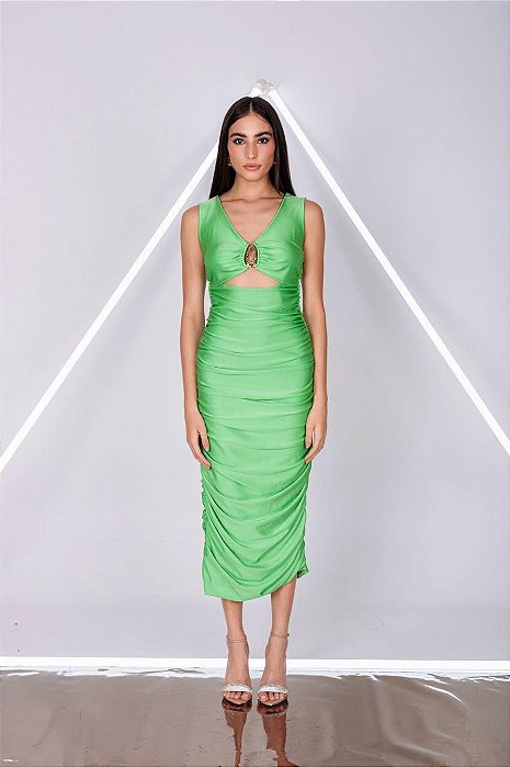 VESTIDO MIDI PRADA ALÇA LARGA DRAPEADO COM DETALHE NO PEITO VERDE