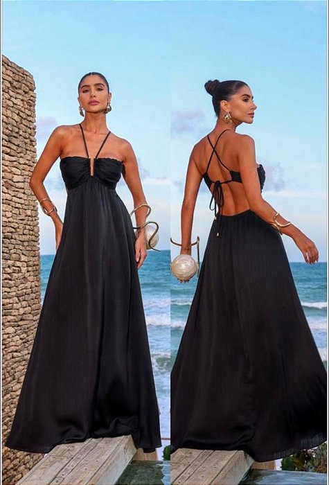 VESTIDO LONGO CREPE DE SEDA FRENTE UNICA DETALHE NO BUSTO AMARRAÇÃO NAS COSTAS PRETO