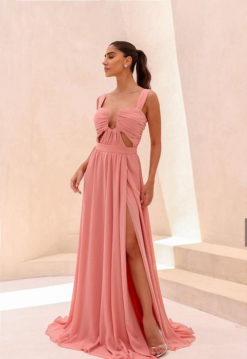 VESTIDO LONGO DE ALÇA LARGA DECOTE ARAMADO V CHIFON/SEDA ROSA CANELA